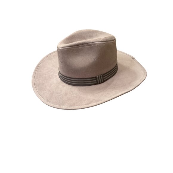 Wide-Brimmed Gray Suede Fedora Hat With Black Striped Band - Picture 3 of 6